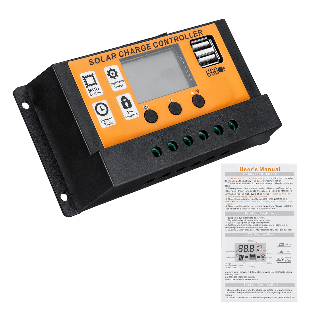 LCD Display 12V/24V Auto Solar Charge Controller PWM Controller Dual USB Solar Panel Controller - MRSLM