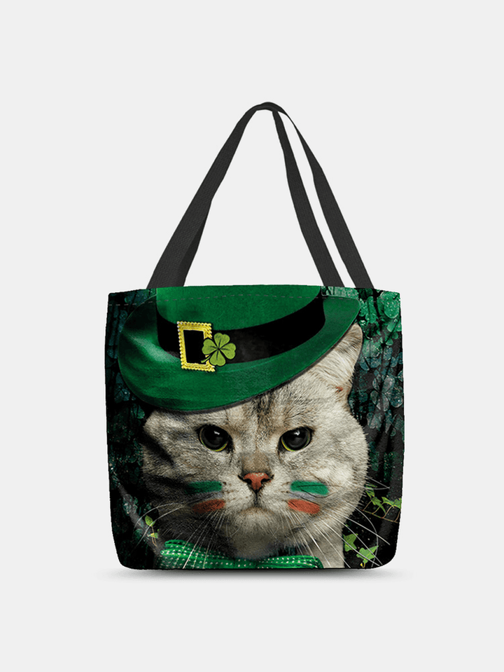 Women Clover Cat Pattern Print Happy St Patrick Day Shoulder Bag Handbag Tote - MRSLM