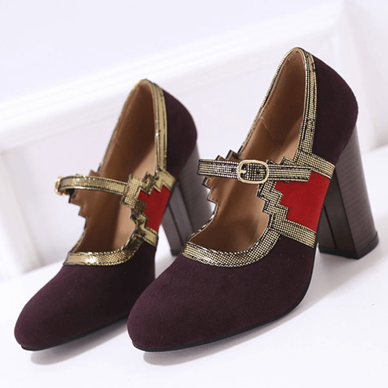 Women plus Size Stitching Chunky Heel Pumps - MRSLM