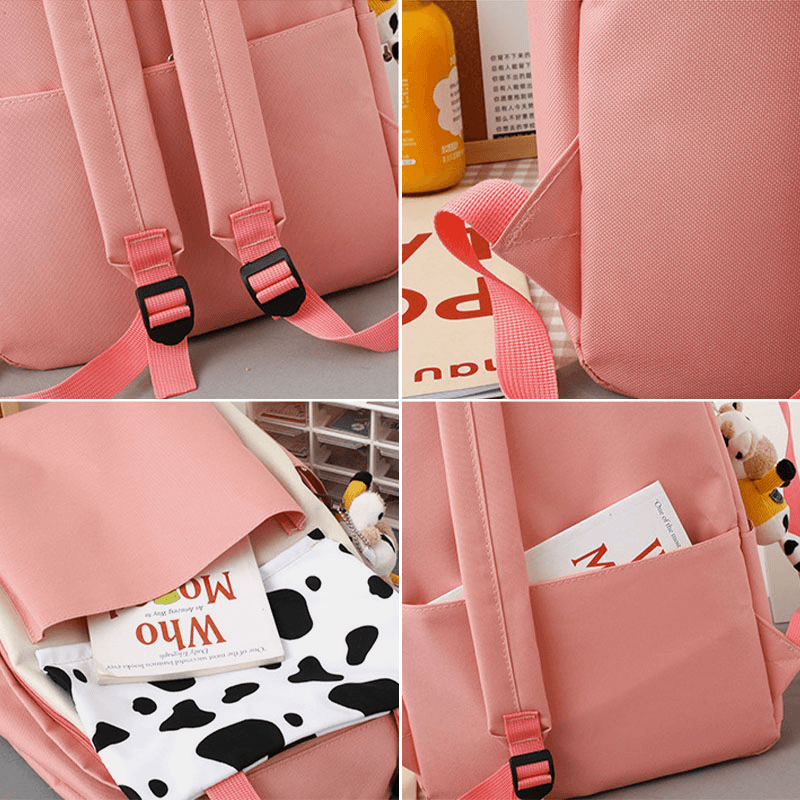 5 PCS Canvas Preppy Cow Pattern Multifunction Combination Bag Backpack Tote Crossbody Bag Clutch Wallet - MRSLM