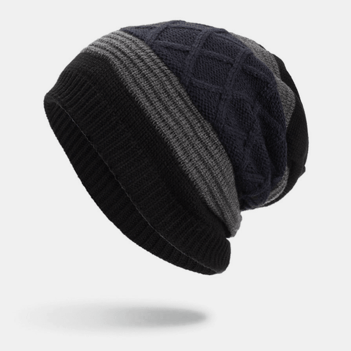 Men Winter plus Velvet Striped and Diamonds Pattern Outdoor Knitted Warm Beanie Hat - MRSLM