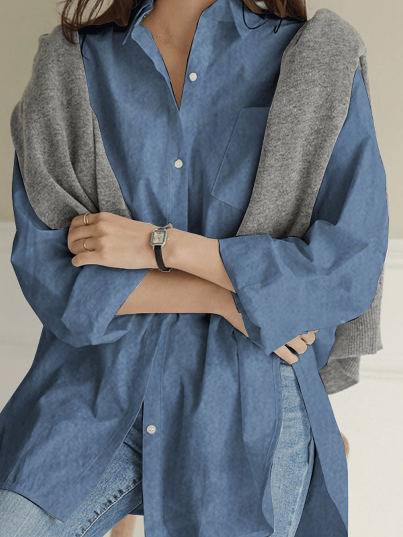 Women Solid Color Turn-Down Collar Blouse Irregular Hem Chest Pocket Splited Denim Shirts - MRSLM