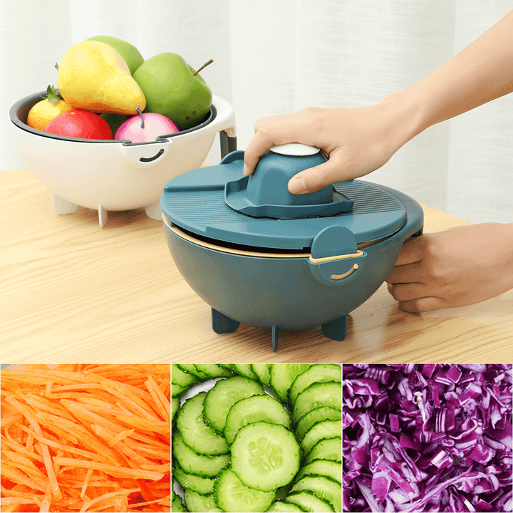 9 in 1 Multifunction Vegetable Cutter Drier Slicer Grater Rotated Vegetable Fruit Fruit Shredder Grater with Kitchen Drain Basket - MRSLM