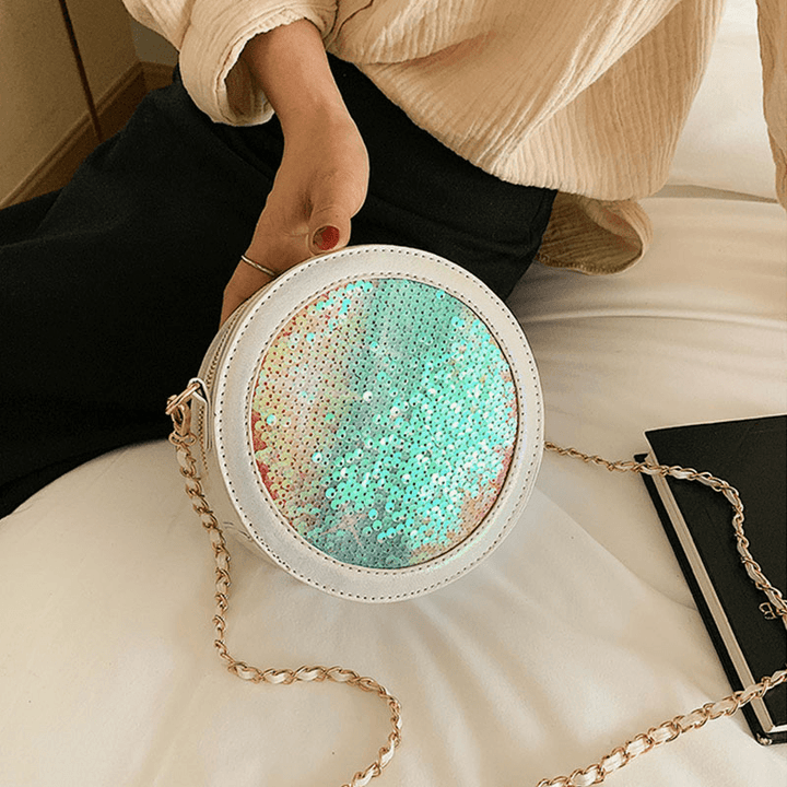 Multicolor Sequin Fashion Vertical Contrast Color round Small Shoulder Bag Cross Body Bag for Female - MRSLM