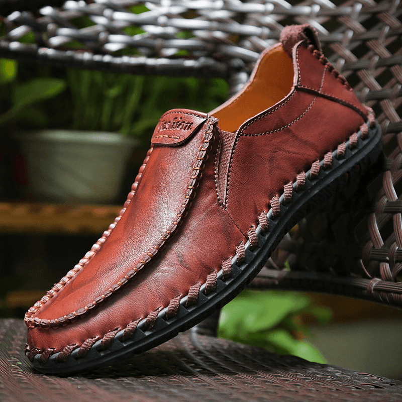 Men Hand Stitching Sfot Leather Non Slip Sole Comfy Slip-On Casual Driving Shoes - MRSLM