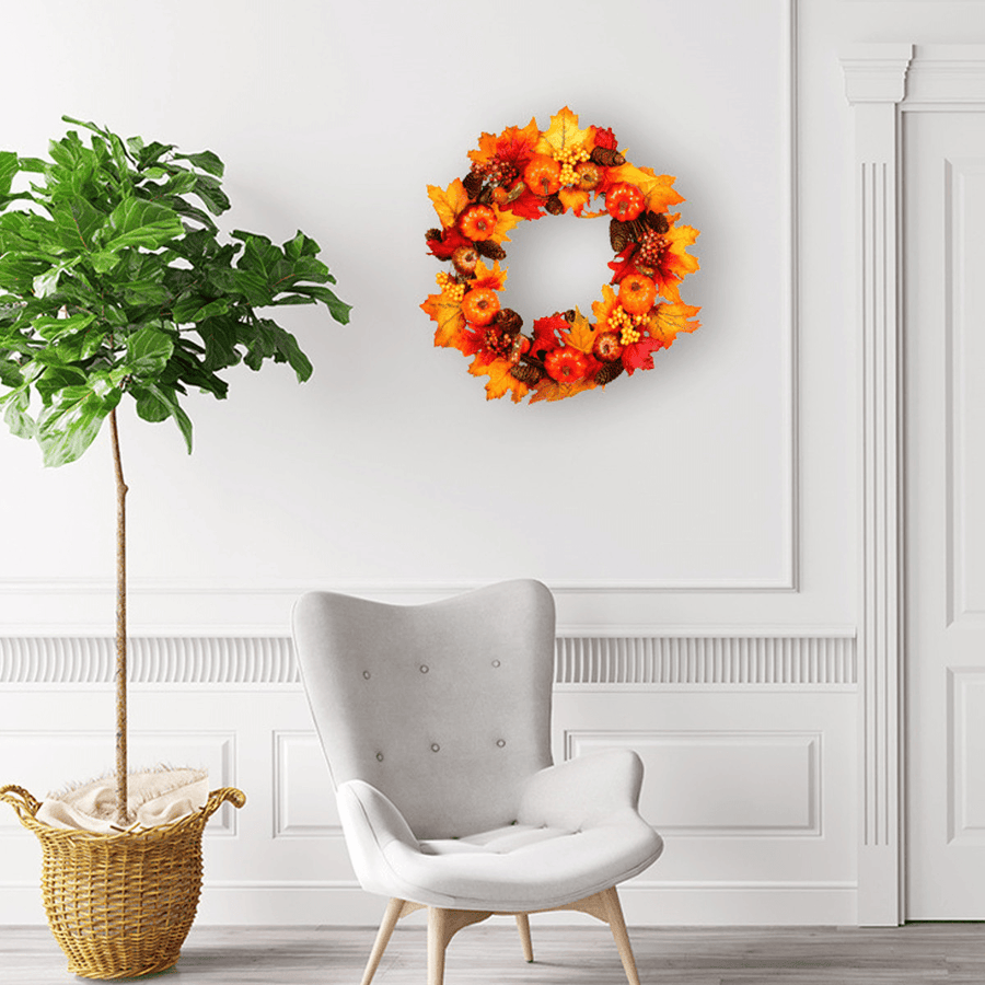 Halloween Artificial Pumpkin Wreath Autumn Color Harvest Maple Leaf LED Light String Door Garland Decor - MRSLM