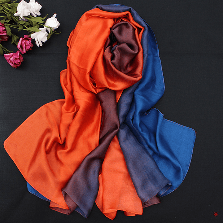 Women Satin Silk Gradient Colors Scarf Soft Long Beach Sunshade Towel Shawl - MRSLM