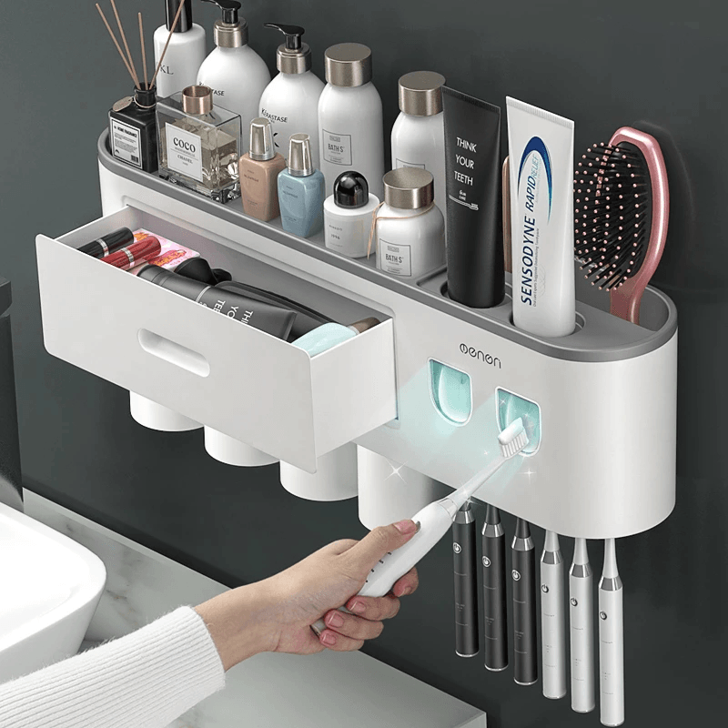 Magnetic Adsorption Inverted Toothbrush Holder Automatic Toothpaste Dispenser Holder Wall Mount Rack Storage for Bathroom Home - MRSLM