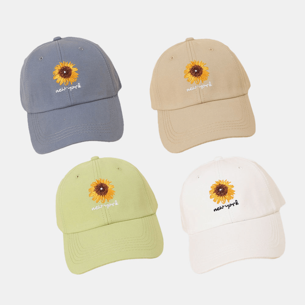 Unisex Cotton Solid Color Letter Daisy Pattern Embroidery Wide Brim Sunshade Baseball Cap - MRSLM