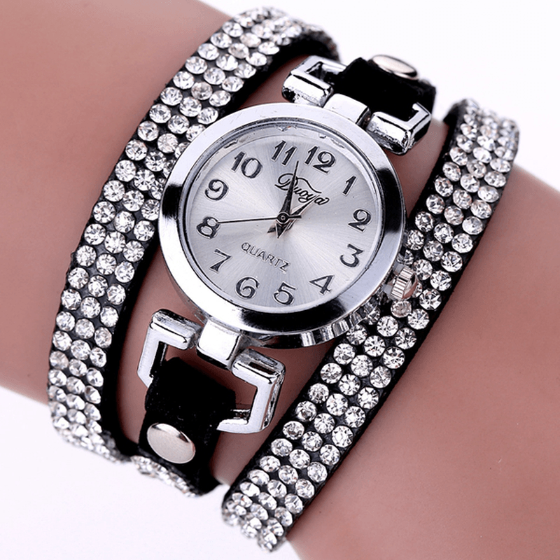 DUOYA Casual Style Crystal Ladies Bracelet Watch Luxury Fine Leather Winding Women Quartz Watches - MRSLM