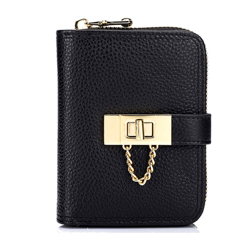 Women Genuine Leather Zipper Card Holder Chain Lock Short Purse Wallets - MRSLM