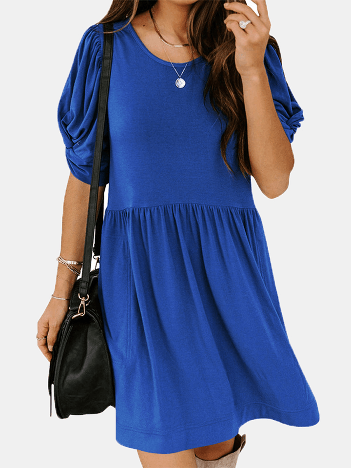 Women Pleats Solid Color Twist Sleeve Casual Dress - MRSLM