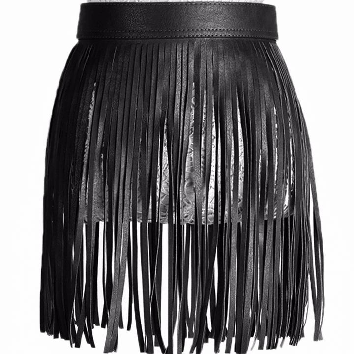 Women Tassel Fringed Belts Leather Snap Button Buckles - MRSLM