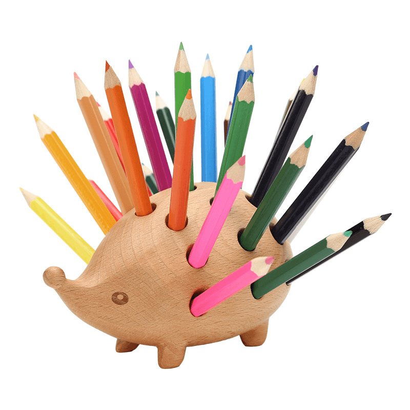 Solid Wood Hedgehog Pen Holder Obliquely Inserted Wooden Animal Pen Holder - MRSLM