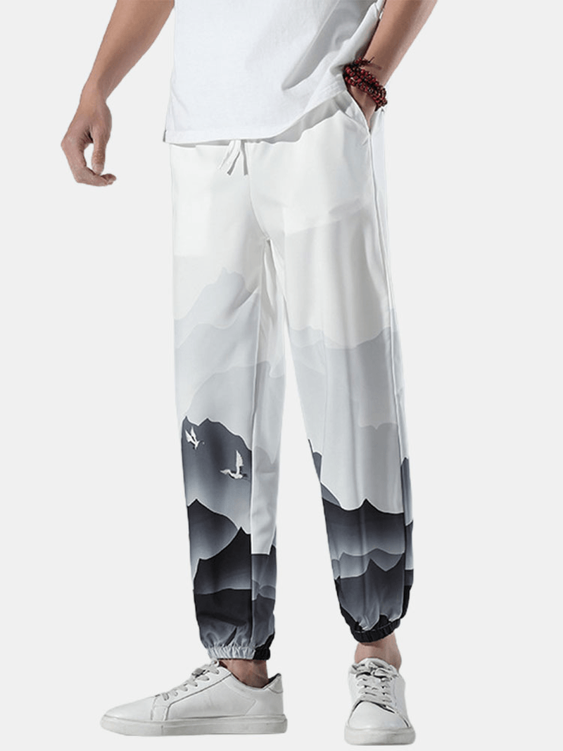 Mens Casual Landscape Print Drawstring Loose Pants - MRSLM