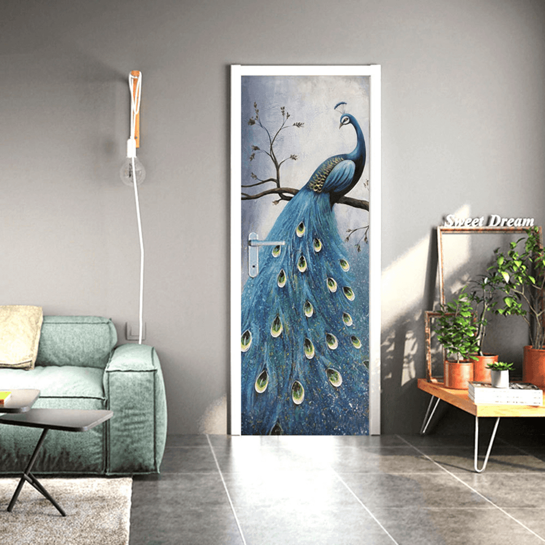 PVC Living Room Door Stickers Wallpaper Poster Peacock Waterproof Home Decoration - MRSLM