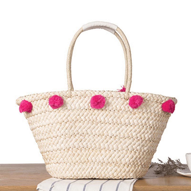 Women Woven Straw Beach Handbag Travel Plush Ball Bag Tote Bag - MRSLM