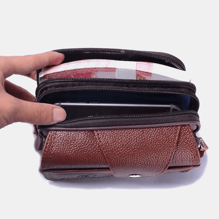 Men PU Leather Three-Layers Multifunction Waterproof Vintage Business 5.8 Inch Phone Bag Waist Bag - MRSLM