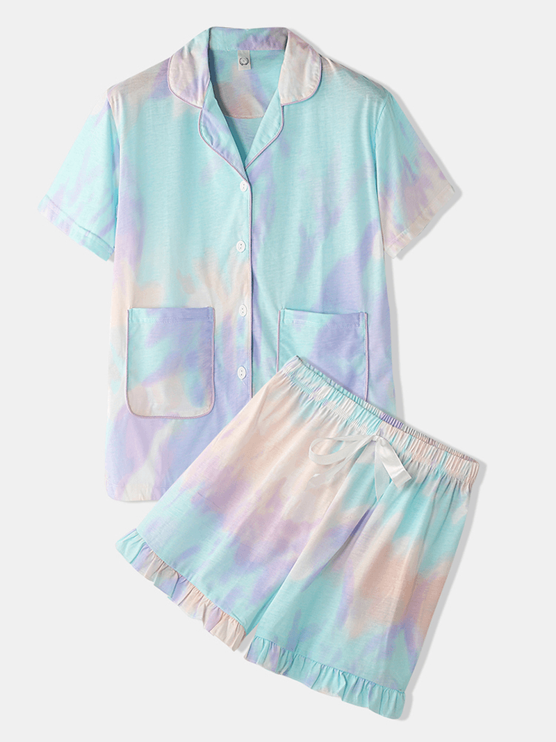 Women Tie Dye Button up Pocket Revere Collar Short Sleeve Home Pajama Set - MRSLM