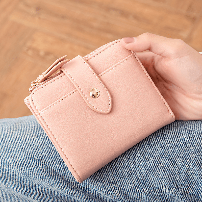 Women PU Leather Bifold Hasp Multi-Card Slot Retro Short Card Holder Clutch Wallets with Wrist Strap - MRSLM