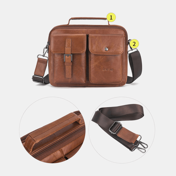 Men Genuine Leather Multi-Function Retro Large Capacity Handbag Shoulder Bag Cross Body Bag - MRSLM