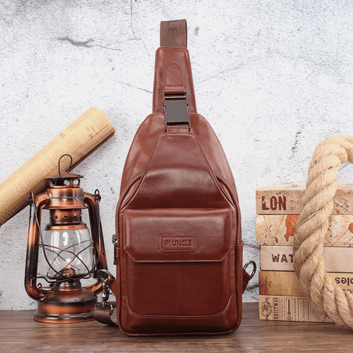 Men Genuine Leather New Vinatge Large Capacity Chest Bag Shoulder Bag Crossbody Bag - MRSLM