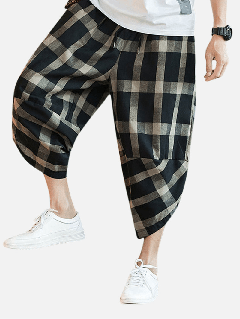 Mens Plaid Cotton Linen Loose Drawstring Calf-Length Casual Harem Pants - MRSLM