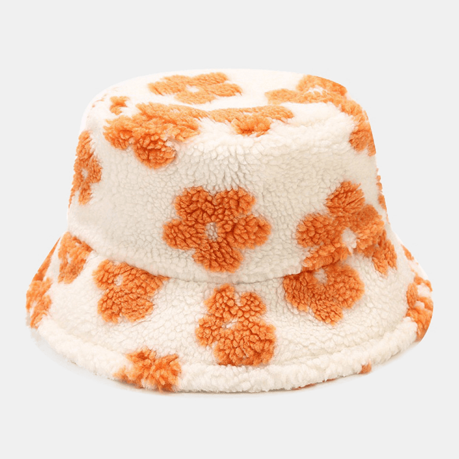 Unisex Floral Pattern Autumn Winter Outdoor Lambswool Warmth Sunshade Bucket Hat - MRSLM