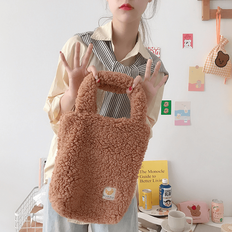 Women Lamb Wool Soft Small Easy Carry Casual Solid Color Handbag - MRSLM