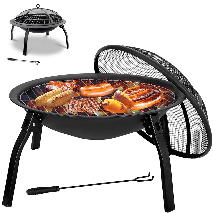 22Inch Folding Steel Fire Pit BBQ Grill round Fire Bowl Lightweight with Log Grate Mesh Cover BBQ Stove for Camping Picnic Bonfire Patio Garden - MRSLM