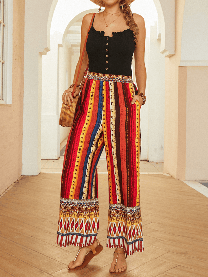 Women Colorful Ethnic Style Striped Print Loose Mid Waist Wide Leg Pants - MRSLM