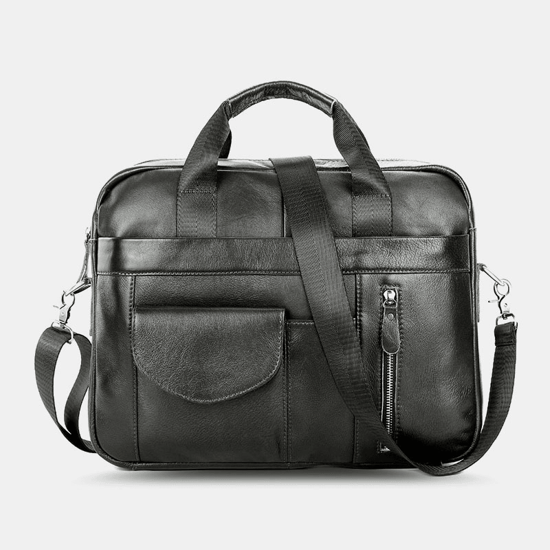 Men Genuine Leather Multi-Pocket Vintage 14 Inch Laptop Bag Briefcases Crossbody Bag Shoulder Bag Handbag - MRSLM