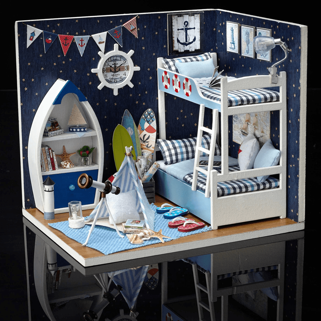 Cute Room Wooden DIY Handmade Assemble Miniature Doll House Kit Toy with LED Light Dust Cover for Gift Collection - MRSLM