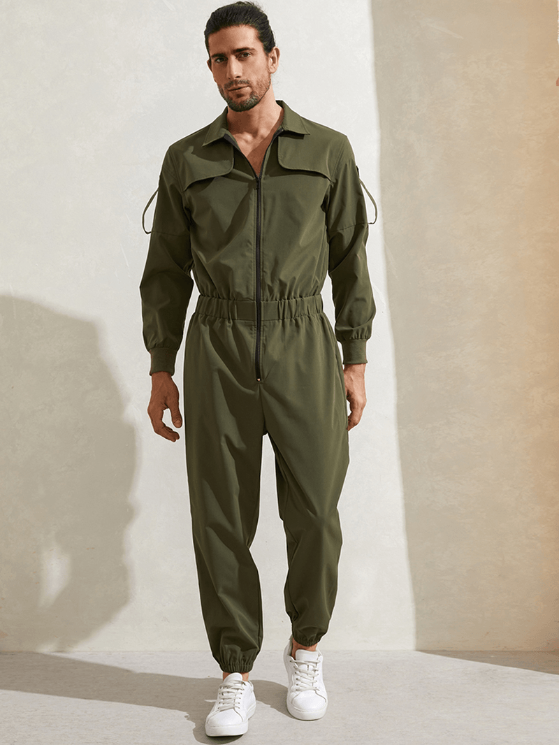 Mens Zipper up Lapel Collar Leisure Jumpsuit - MRSLM