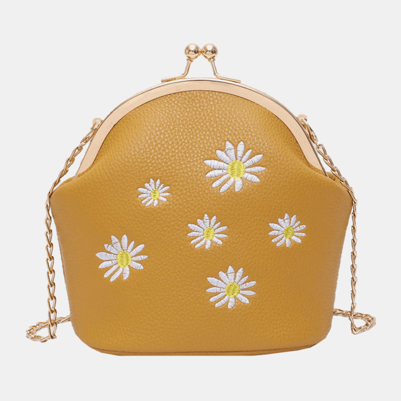 Women Daisy Embroidery Chains Hasp Crossbody Bag Shoulder Bag - MRSLM