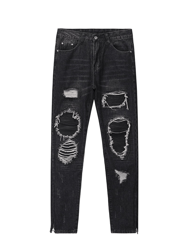 Men Ripped Patch PU and Leather Zipper Jeans - MRSLM