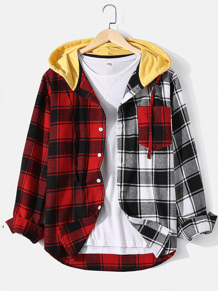 Mens Plaid Patchwork Long Sleeve Chest Pocket Drawstring Hooded Shirts - MRSLM