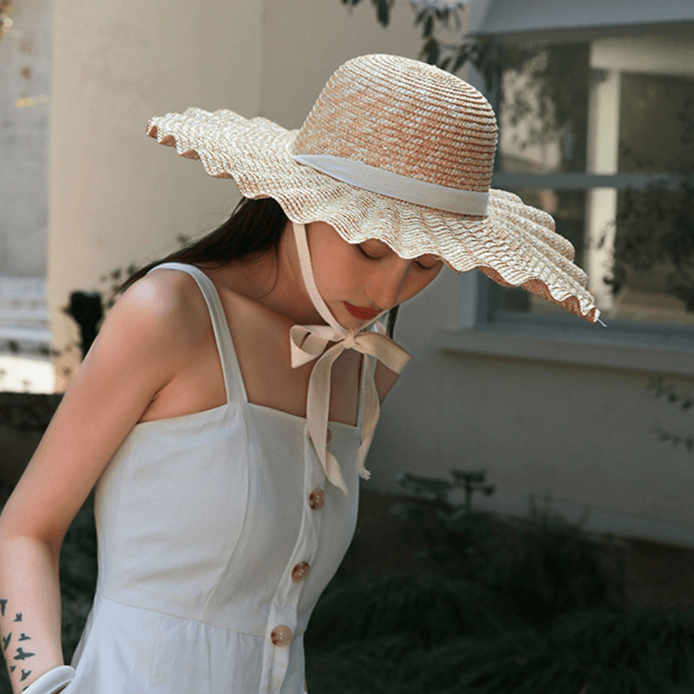 Women Wild Brim Visor Wave Side Soft Lace Tie Sun Hat Casual Stylish round Top Shell Pattern Straw Hat - MRSLM