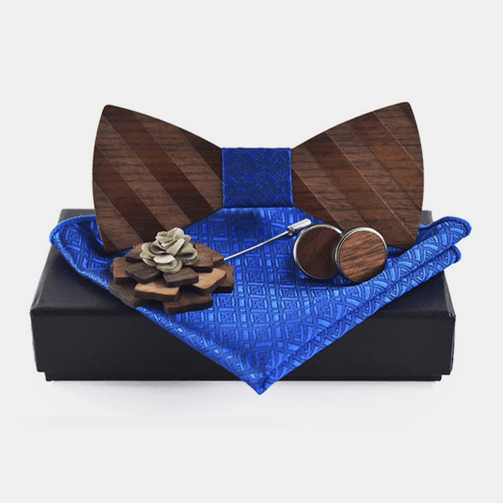 Men 4PCS Wedding Birthday Gift Set Square Scarf Cufflinks Brooch Wooden Bowtie Combo Set - MRSLM