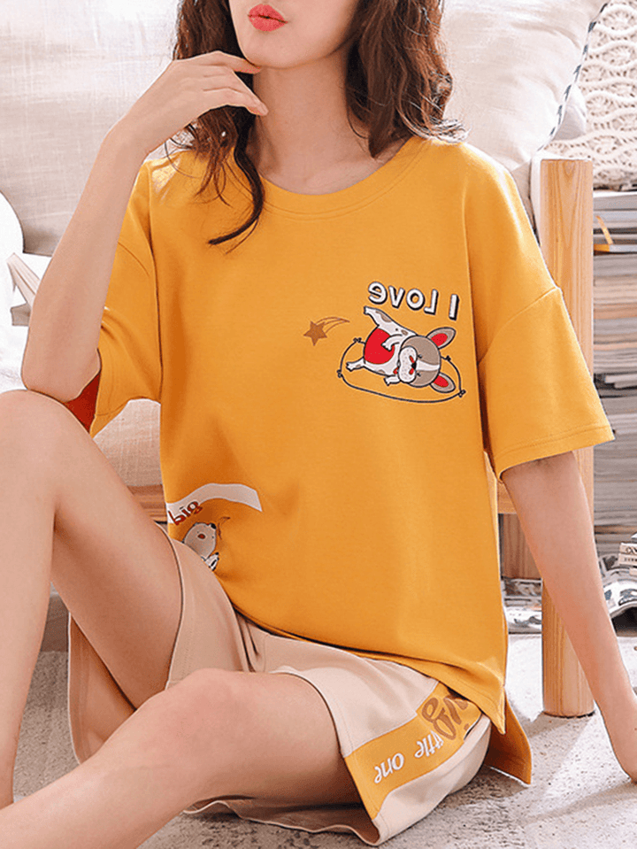 Cute Cartoon Print Short Sleeve Loose Two Piece Pajama Set for Women - MRSLM