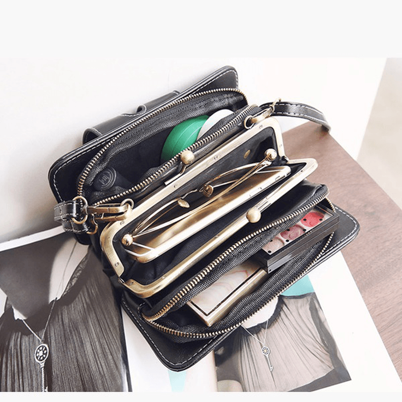 Women Retro PU Leather Hasp Zipper Handbag Rectangular Purse Wallet Phone Bag - MRSLM