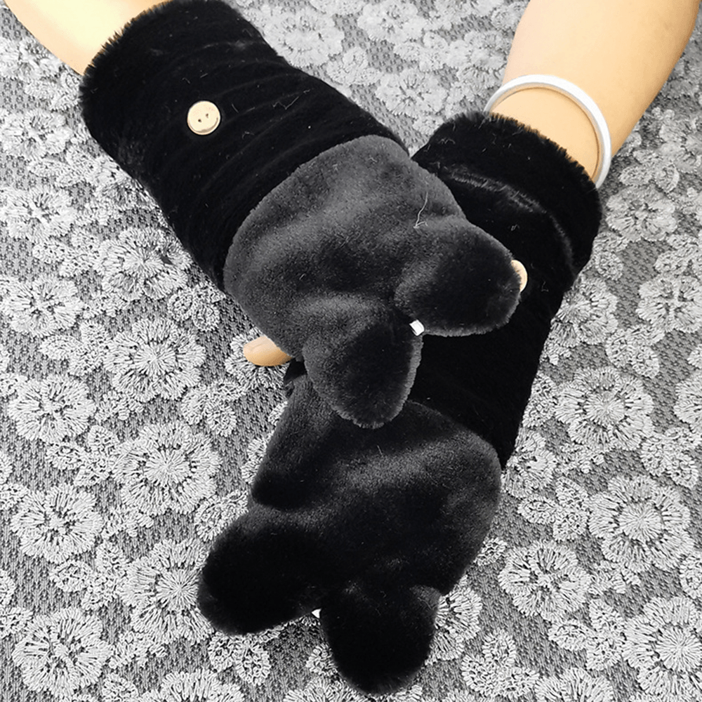 Women Plush plus Thicken Cute Cartoon Cat Pattern Keep Warm Half-Finger Gloves - MRSLM