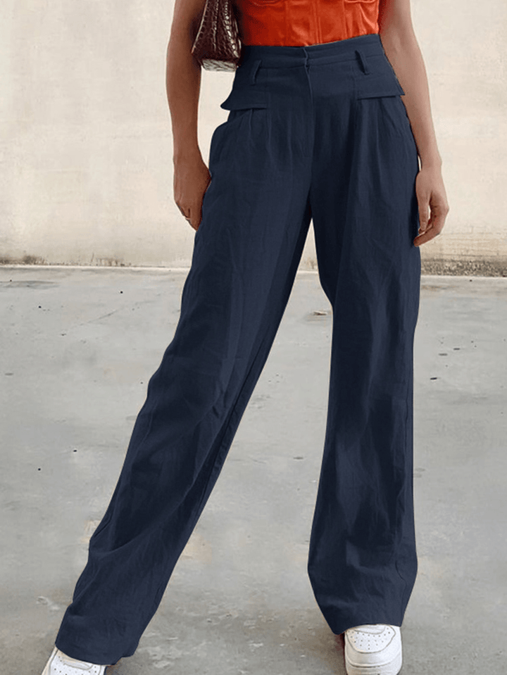 Women Zipper High Waist Wide Leg Pants Solid Color Casual Trousers with Pocket - MRSLM