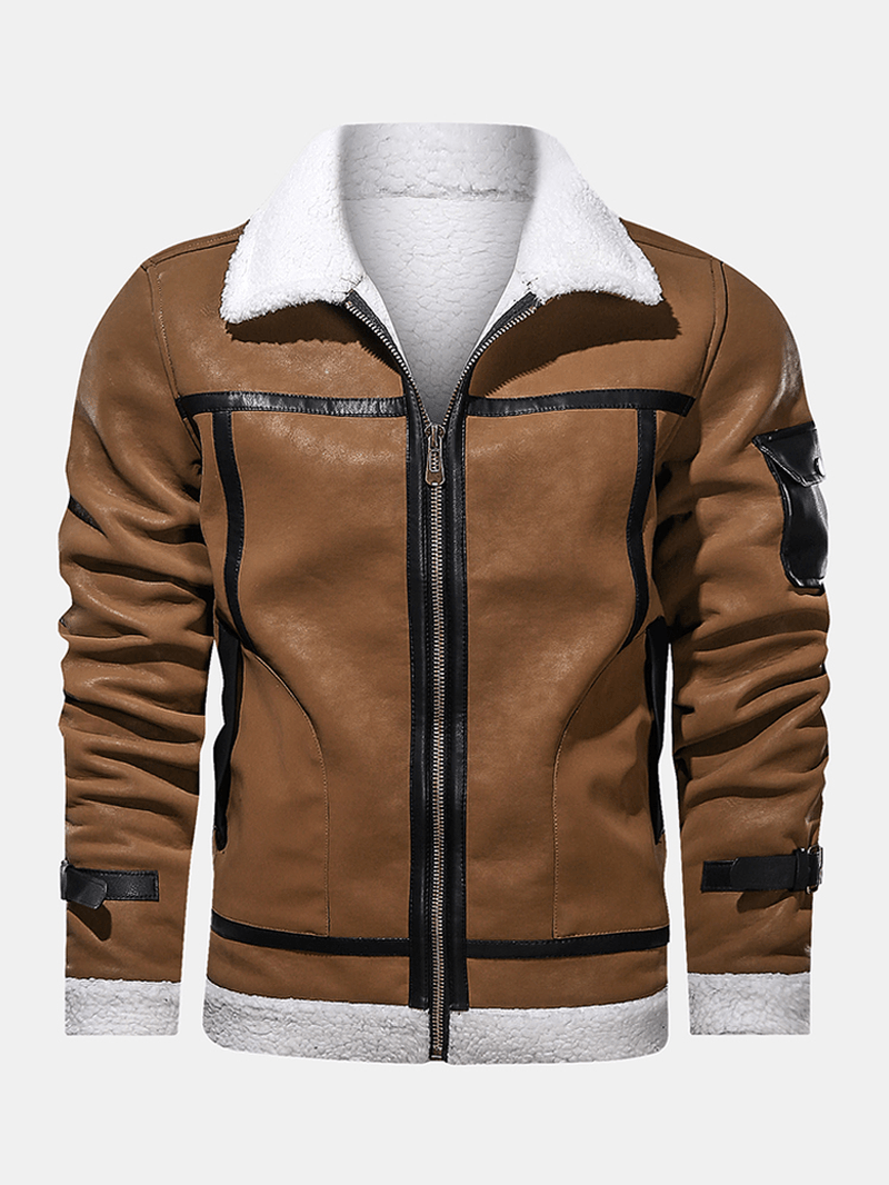 Mens Zipper Fur Leathers Thicken Multi Pocket Long Sleeve Vintage Jakctet - MRSLM