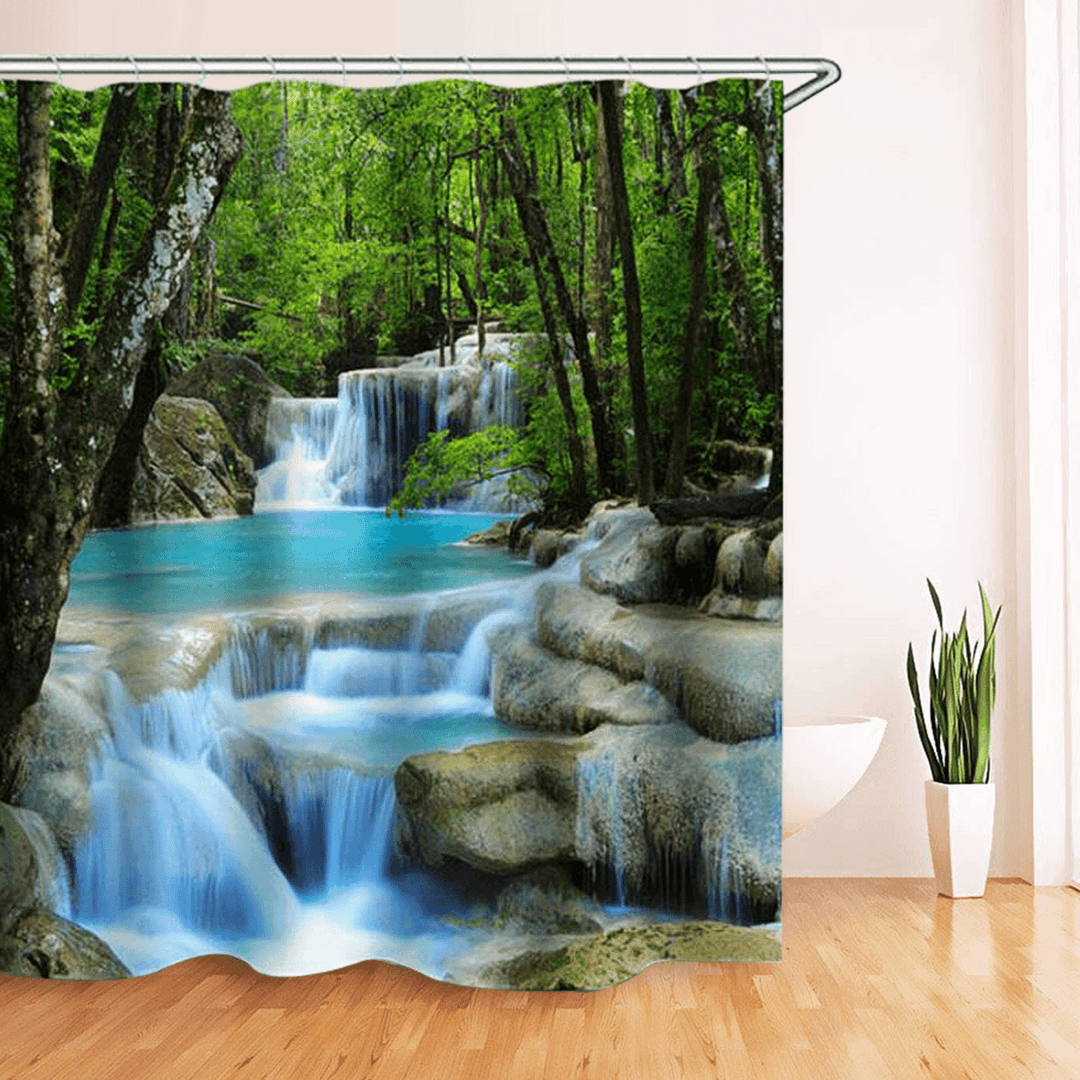 3D Waterfall Nature Scenery Bath Shower Curtain Water Resistant Bathroom Shield - MRSLM