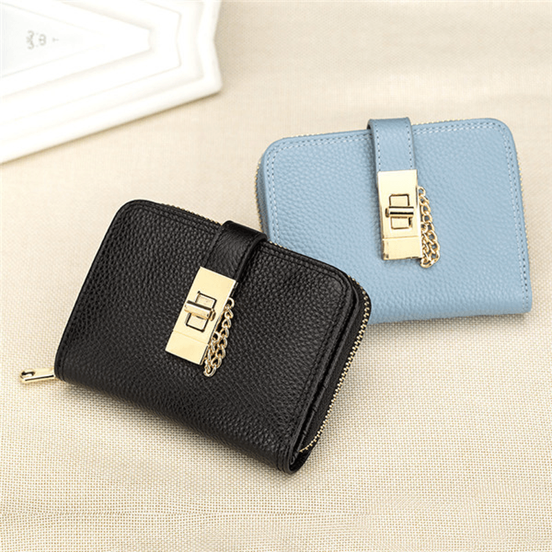 Women Genuine Leather Zipper Card Holder Chain Lock Short Purse Wallets - MRSLM