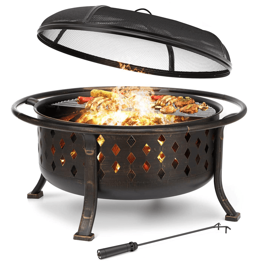 36Inch Wood Burning Fire Pits BBQ Grill Steel Cooking Grid Stove Outdoor Bonfire Patio Camping Garden - MRSLM