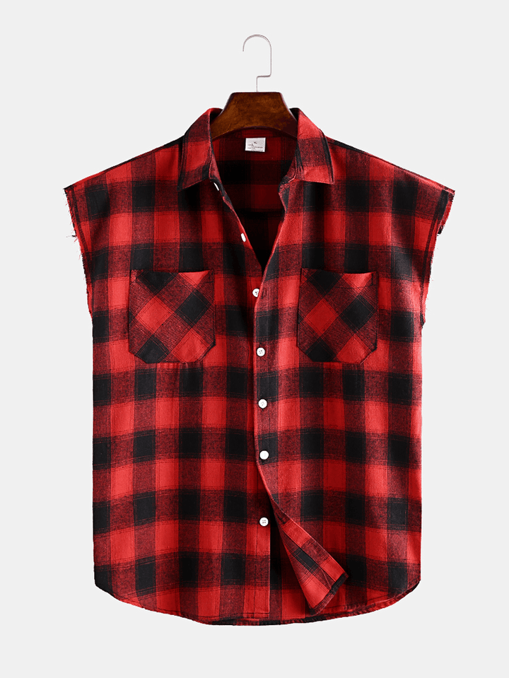 Men Plaid Sleeveless Lapel Loose Shirts - MRSLM