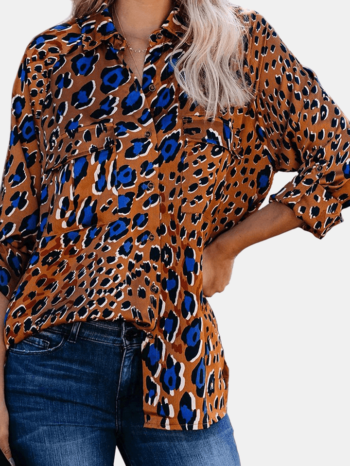 Women Vintage Leopard Print Pockets Turn Dowm Collar Long Sleeve Shirts - MRSLM