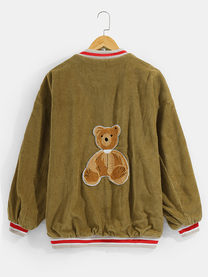 Mens Corduroy Doll Bear Back Applique Baseball Collar Jakcet with Pocket - MRSLM